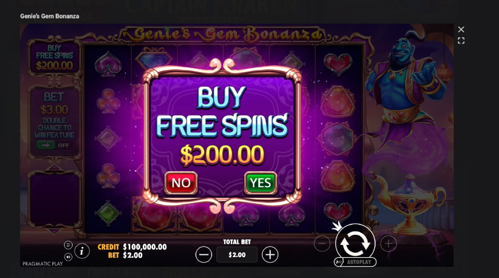 Screenshot cu fuincția Bonus Buy a slotului Genie’s Gem Bonanza