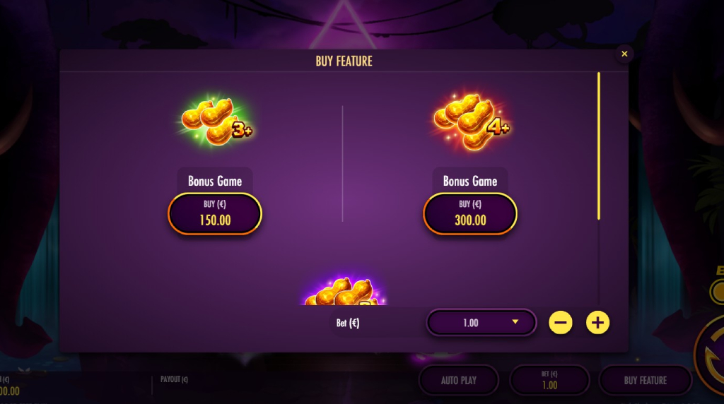 Screenshot cu funcţia Bonus Buy a slotului Pink Elephants Trinity