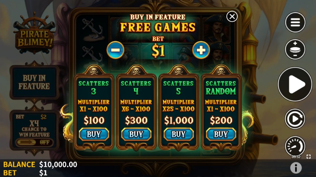 Screenshot cu funcția cumpătă bonus a slotului Pirate Blimey!