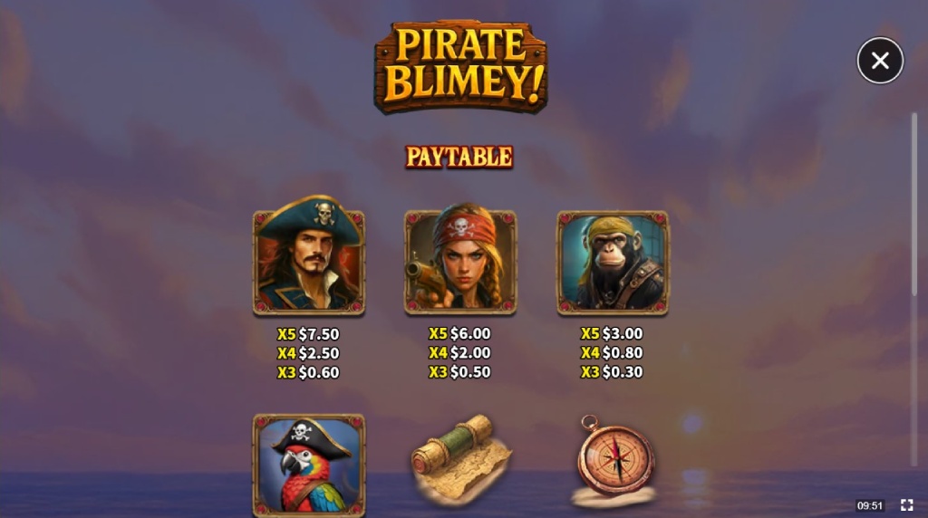 Screenshot cu tabelul de plată al slotului Pirate Blimey