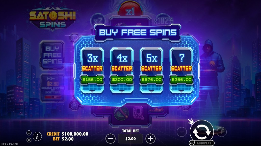 Screenshot cu funcția Bonus Buy a slotului Satoshi Spins
