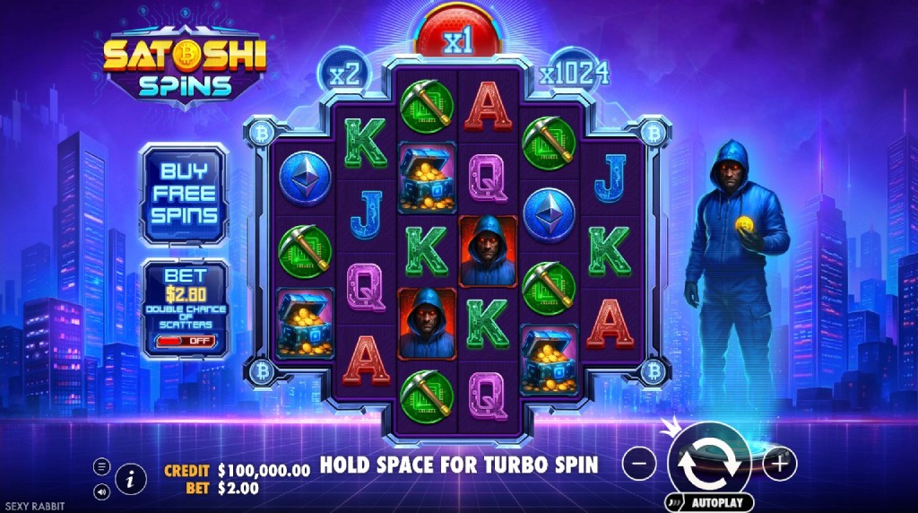 Screenshot cu noul slot Satoshi Spins dezvoltat de Pragmatic Play
