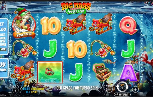 Screenshot cu noul slot Big Bass Christmas Frozen Lake Slot dezvoltat de Pragmatic Play