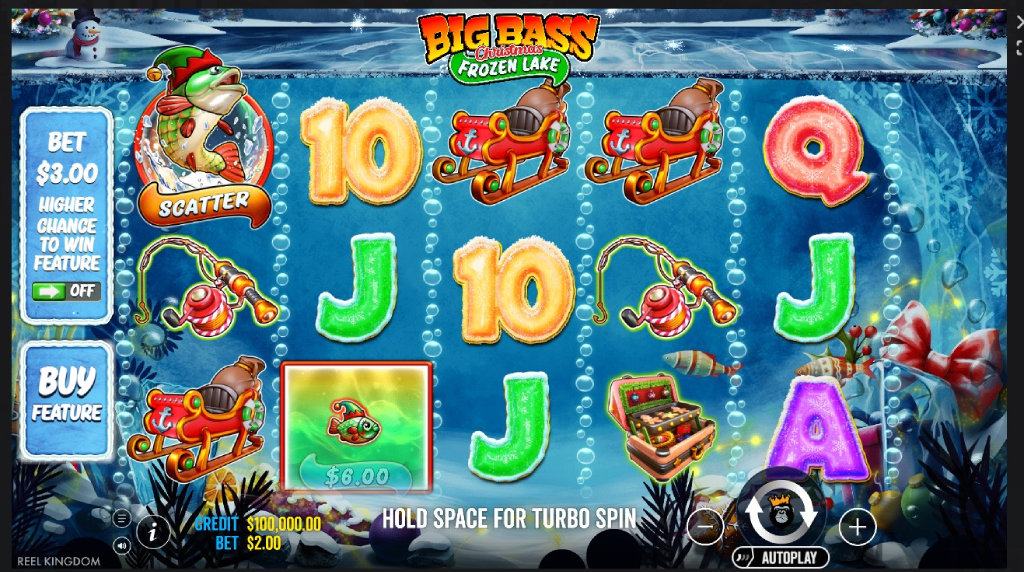 Screenshot cu noul slot Big Bass Christmas Frozen Lake Slot dezvoltat de Pragmatic Play