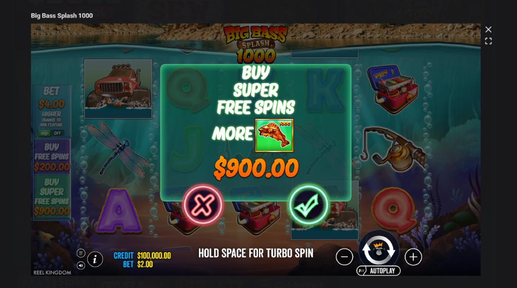 Screenshot cu funcția Bonus Buy a slotului Big Bass Splash 1000