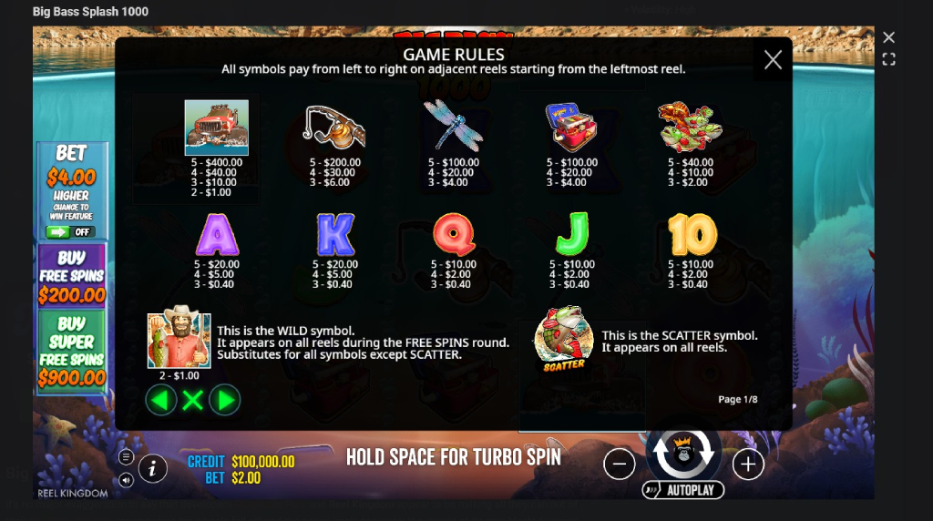 Screenshot cu tabelul de plată al slotului Big Bass Splash 1000
