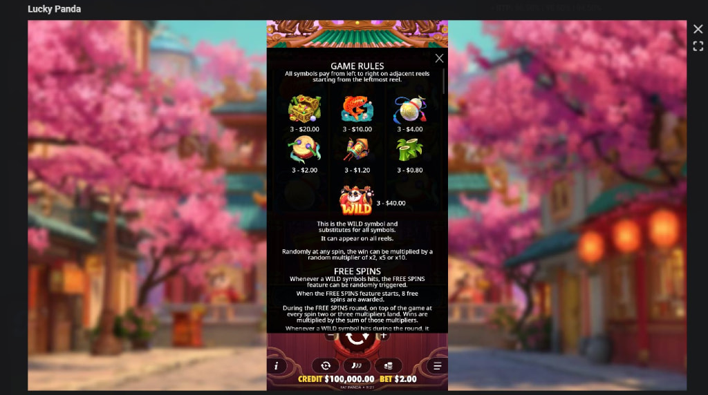 Screenshot cu tabelul de plată a slotului Lucky Panda