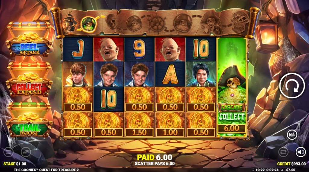 Screenshot cu funcția Cascade Collect a slotului The Goonies: Quest for Treasure 2