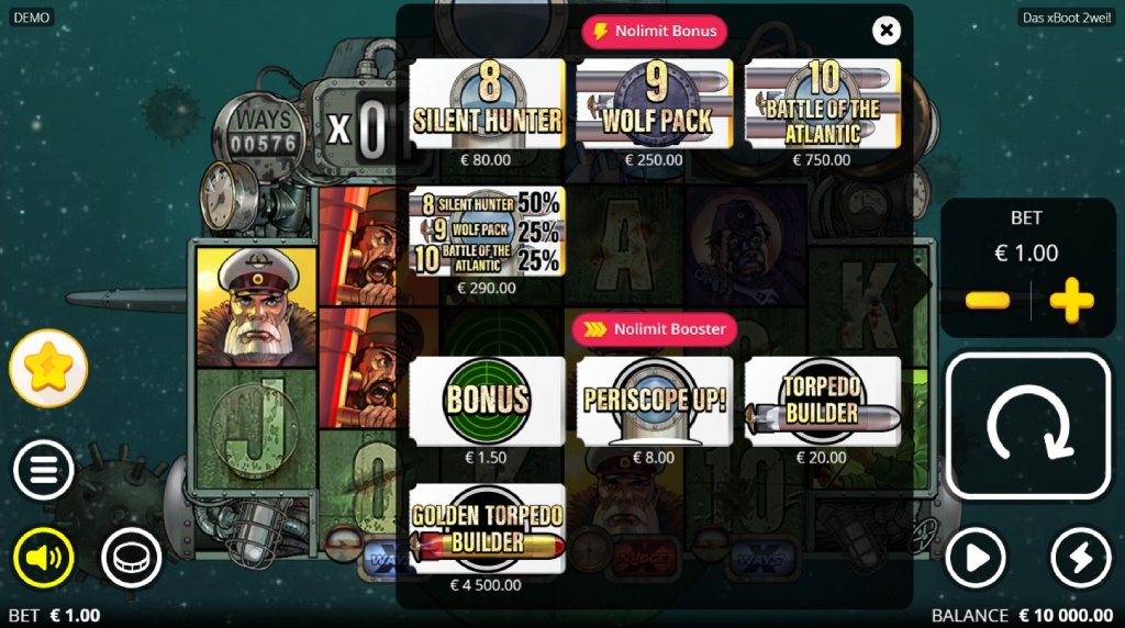 Screenshot cu funcţia de cumpărare bonus a slotului Das xBoot 2