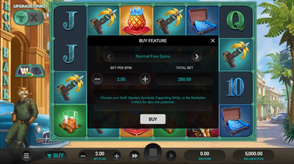 Screenshot cu funcţia Cumpără runde gratuite a slotului Iron Bank 2