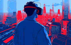 Persoană cu ochelari VR privind un oraș futurist