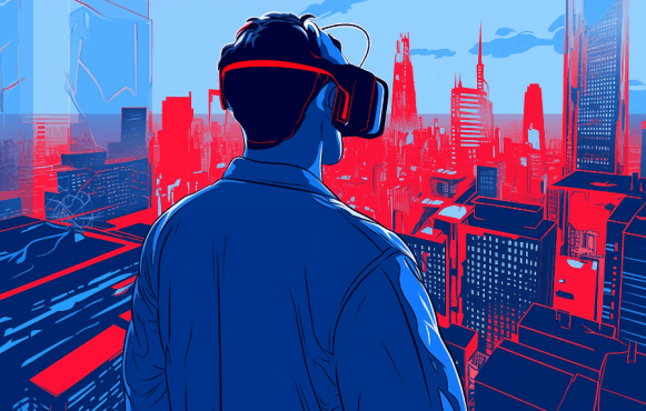 Persoană cu ochelari VR privind un oraș futurist