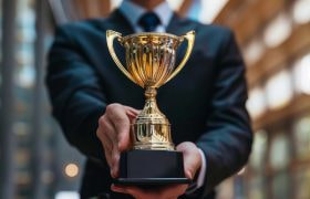 Trofeu auriu ținut în mâinile unei persoane îmbrăcate în costum