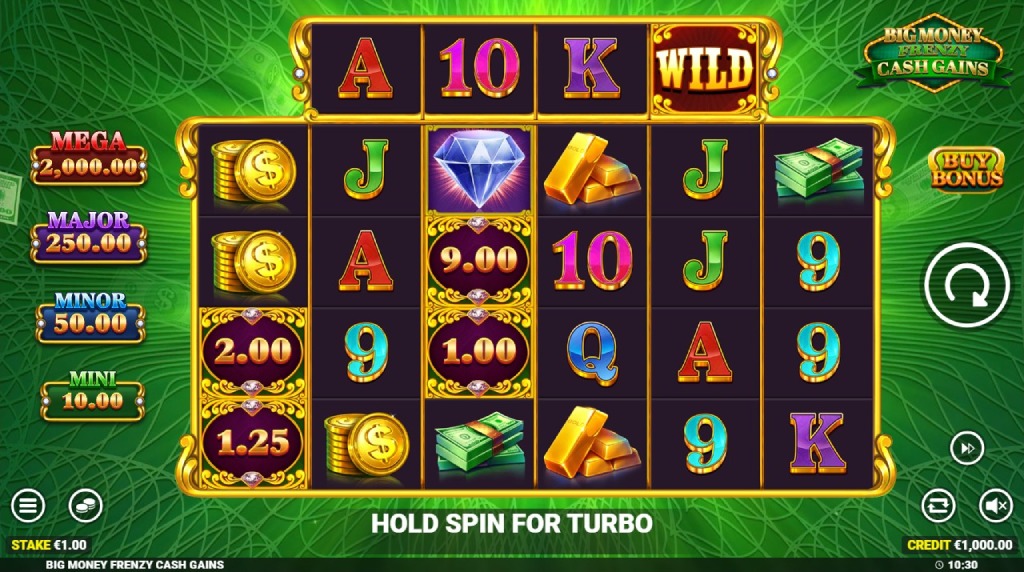 Screenshot cu noul slot Big Money Frenzy Cash Gains dezvoltat de Blueprint Gaming