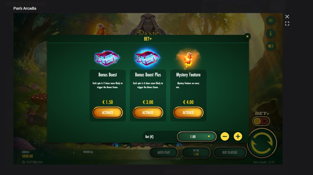 Screenshot cu funcșia Ante Bet a slotului Pan’s Arcadia