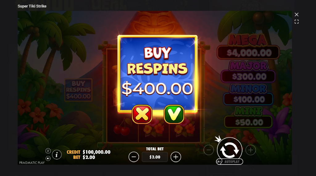 Screenshot cu funcția de cumpărare bonus a slotului Super Tiki Strike