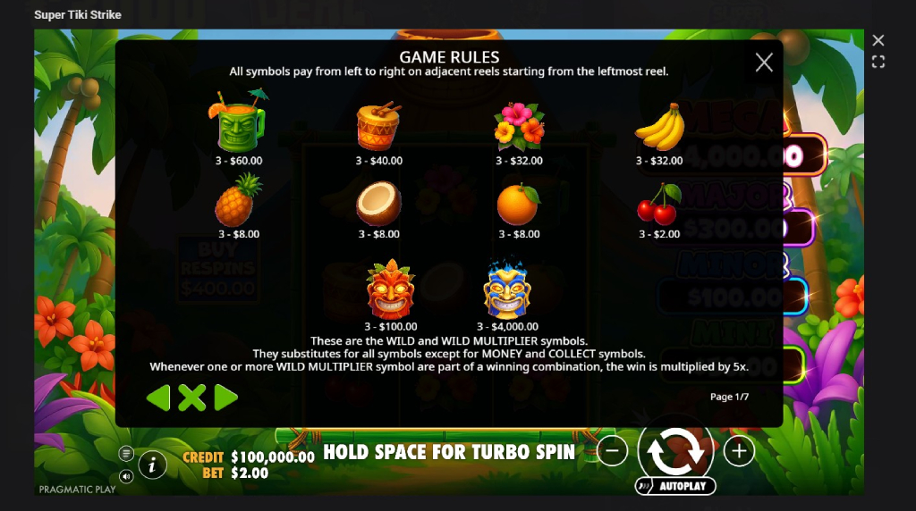 Screenshot cu tabelul de plată al slotului Super Tiki Strike