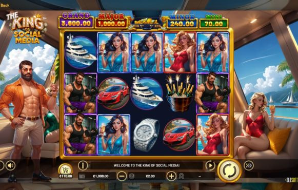 Screenshot cu noul slot The King of Social Media dezvoltat de Betsoft