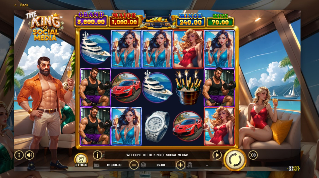 Screenshot cu noul slot The King of Social Media dezvoltat de Betsoft