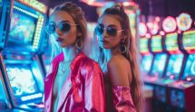 Femei tinere care se distrează la sloturi, în cazinou