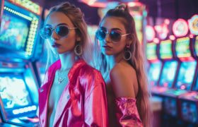 Femei tinere care se distrează la sloturi, în cazinou