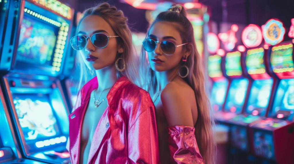 Femei tinere care se distrează la sloturi, în cazinou