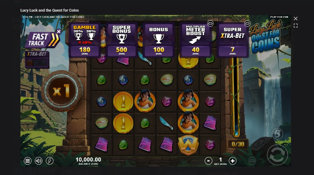 Screenshot cu funcția Fast Track a slotului Lucy Luck and the Quest for Coins
