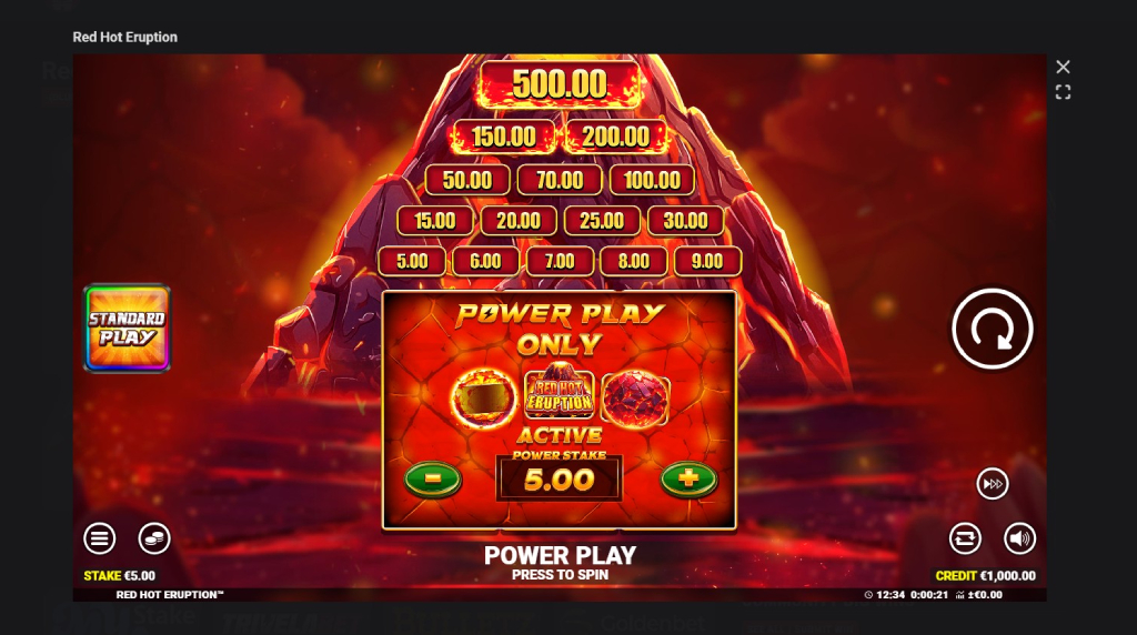 Screenshot cu funcția Power Play a slotului Red Hot Eruption