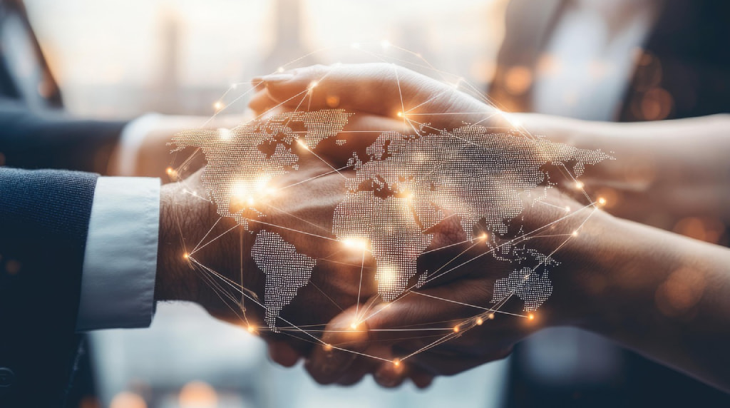 Două persoane strâng mâna, peste imagine fiind suprapusă o hartă digitală a lumii
