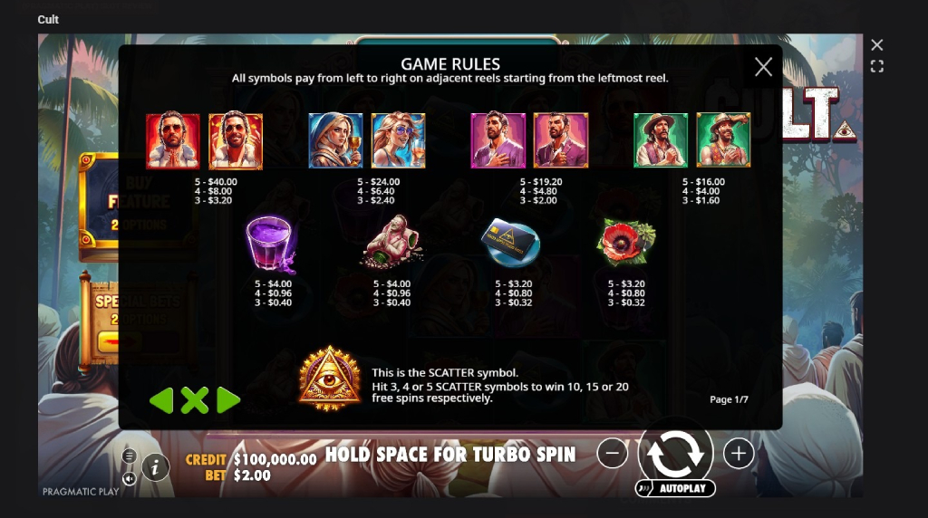 Screenshot cu tabelul de plată al slotului Cult