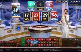 Screenshot cu noul joc de ruletă live Gates of Olympus dezvoltat de Pragmatic