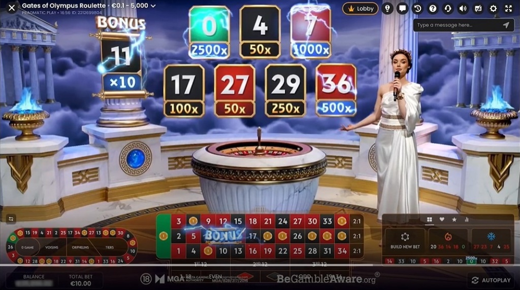 Screenshot cu noul joc de ruletă live Gates of Olympus dezvoltat de Pragmatic
