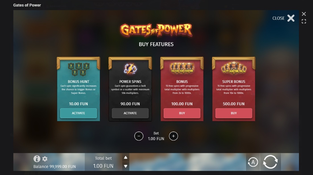 Screenshot cu funcția Bonus Buy a slotului gates of Power