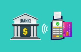 Ilustrație cu o bancă, un terminal de plată și un card bancar