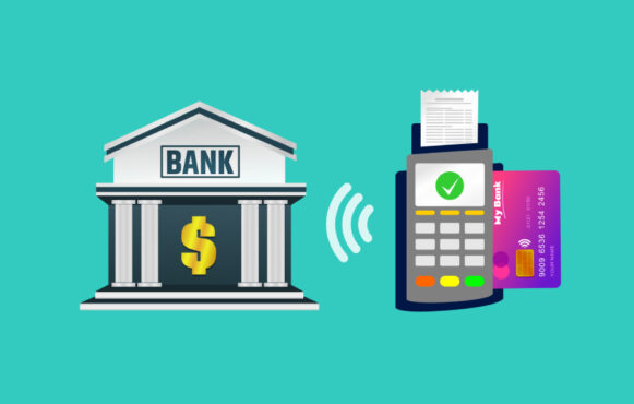 Ilustrație cu o bancă, un terminal de plată și un card bancar