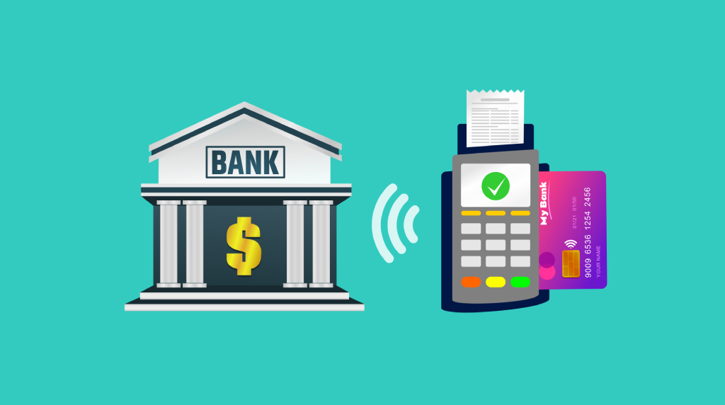 Ilustrație cu o bancă, un terminal de plată și un card bancar