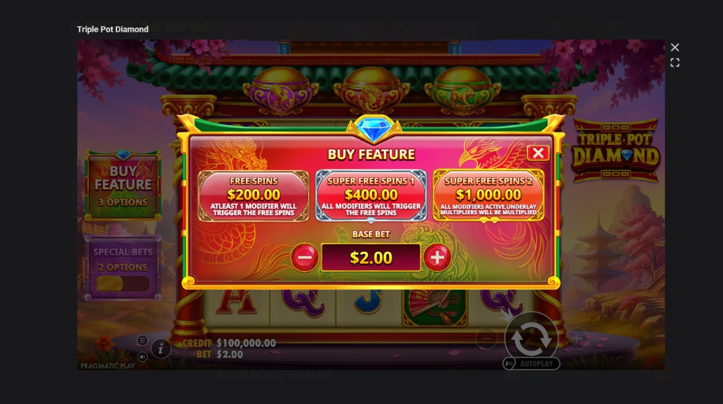 Screenshot cu funcția de cumpărare bonus a slotului Triple Pot Diamond