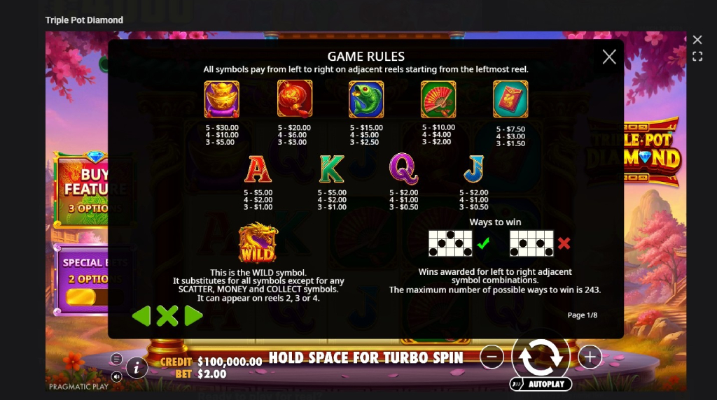 Screenshot cu tabelul de plată al slotului Triple Pot Diamond