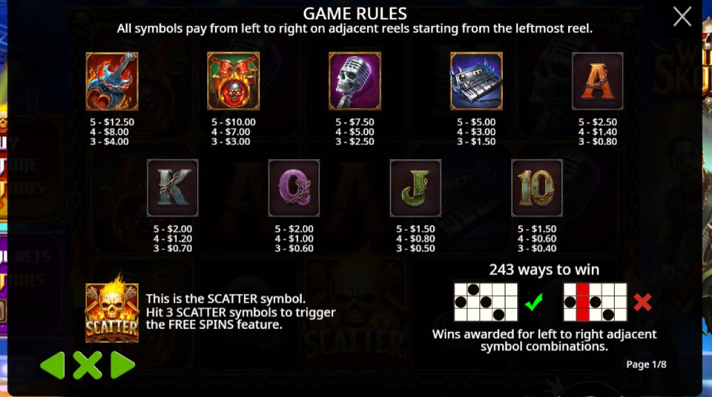 Screenshot cu tabelul de plată al slotului Wild Skullz