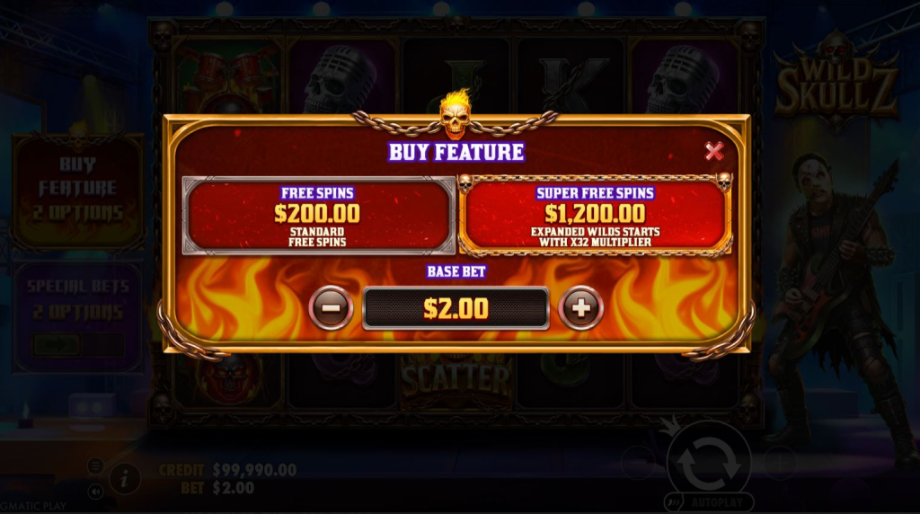 Screenshot cu funcțiile Cumpără Runde gratuite și Super runde gratuite ale slotului Wild Skullz