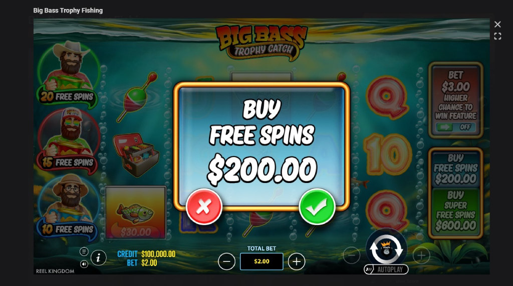Screenshot cu funcția Bonus Buy a slotului Big Bass Trophy Catch