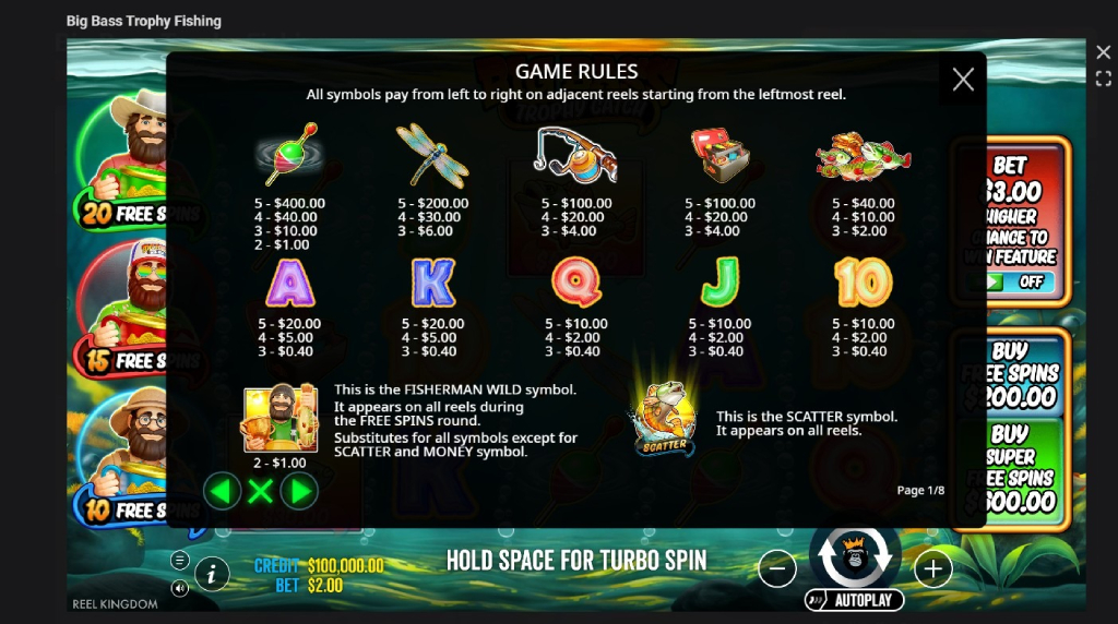 Screenshot cu tabelul de plată al slotului Big Bass Trophu Ctach