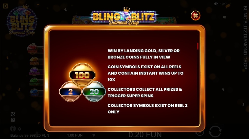 Screenshot cu tabelul de plată al slotului Bling Blitz Diamond Drop