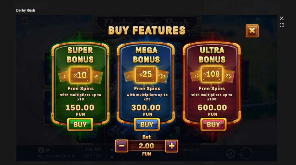 Screenshot cu funcția Bonus Buy a slotului Derby Rush