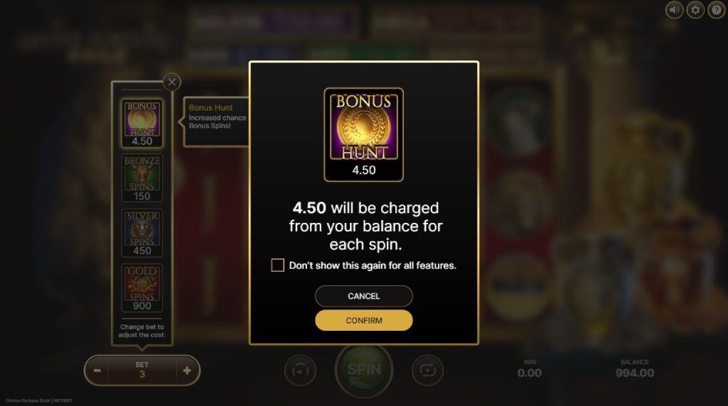 Screenshot cu funcția Bonus Hunt a slotului Divine Fortune Gold