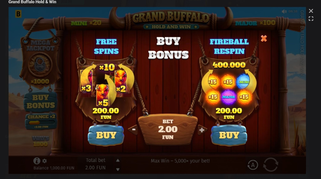 Screenshot cu funcția Bonus Buy a slotului Grand Buffalo Drop & Win