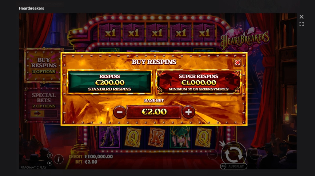 Screenshot cu funcția Cumpără Respin a slotului Heartbreakers