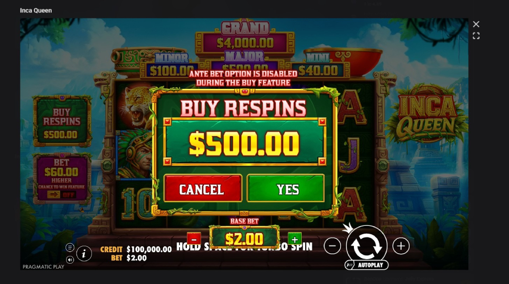 Screenshot cu funcția Buy Respins a slotului Inca Queen