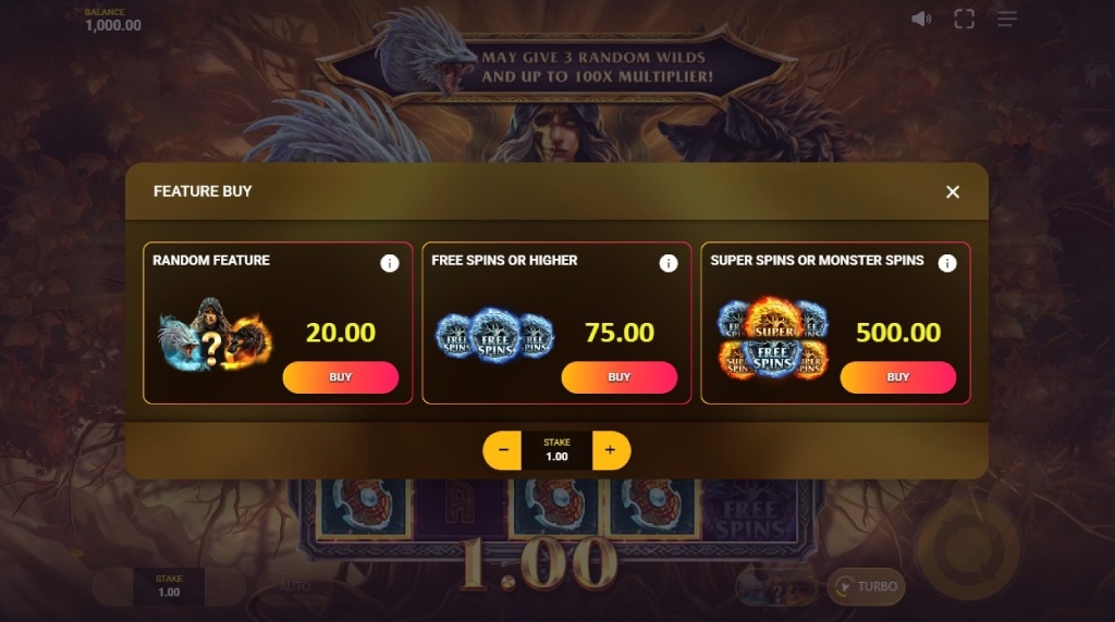 Screenshot cu funcția Cumpărare Bonus a slotului Loki’s Descendants