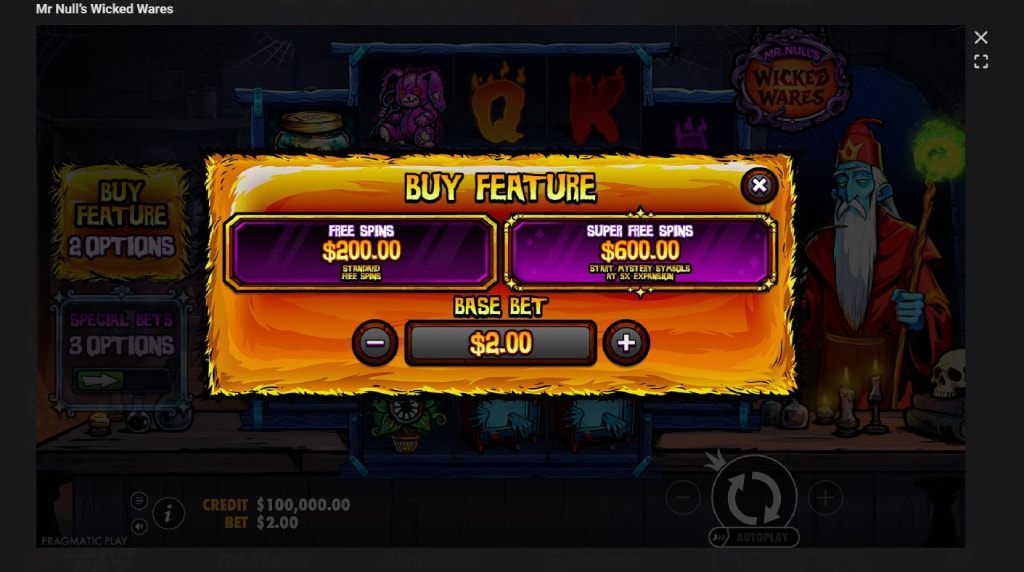 Screenshot cu optiunile de cump[rare bonus ale slotului Mr Null’s Wicked Wares